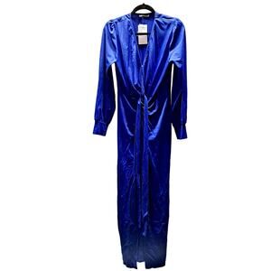 Prettygarden Royal Blue Long Sleeve Maxi Ruched Gathered Front Split Dress Large